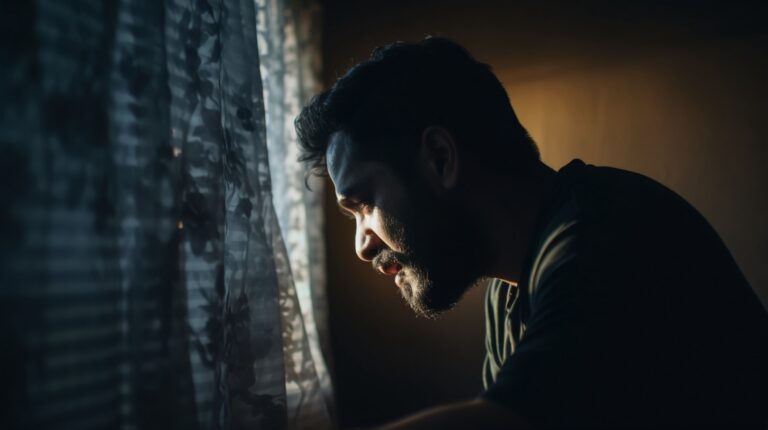 Depressed man sitting alone by a window in low light, representing the emotional and mental health risks associated with inhalant abuse and answering the question: what are whippets.