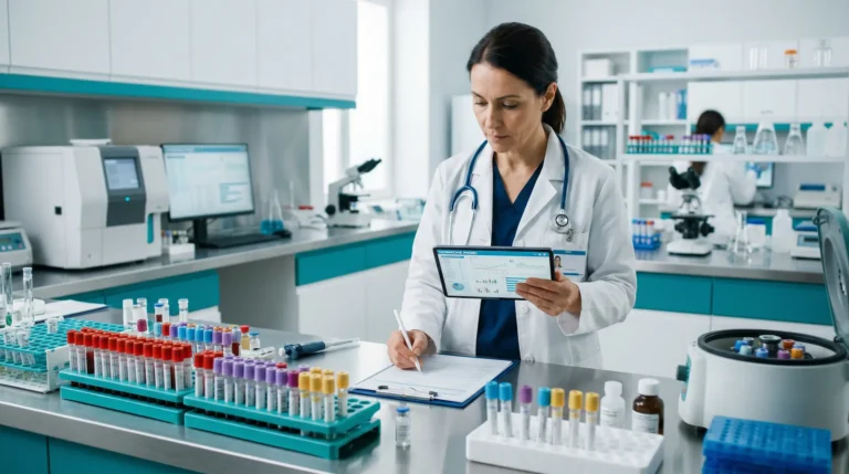 Female Doctor Reviewing Notes With Her Tablet Device