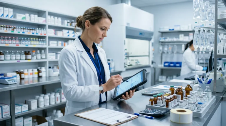 Female Pharmacist looking at a tablet device.